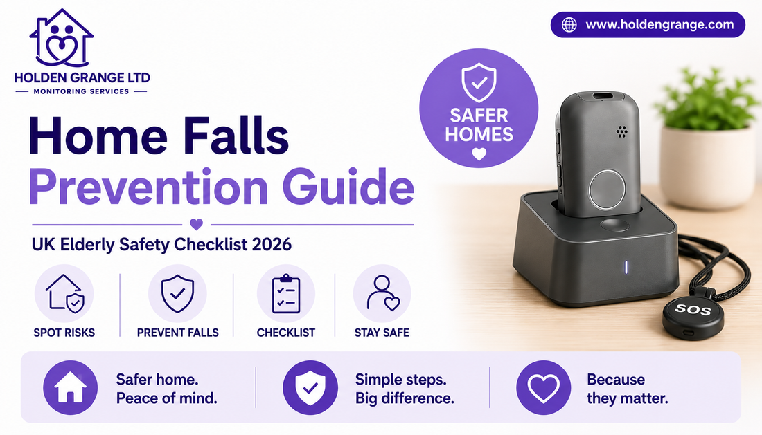 Banner reading Home Falls Prevention Guide UK Elderly Safety Checklist with a pendant alarm in its charging dock
