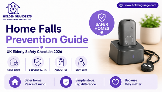 Banner reading Home Falls Prevention Guide UK Elderly Safety Checklist with a pendant alarm in its charging dock
