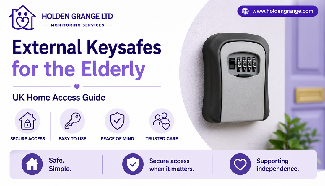 Banner reading External Keysafes for the Elderly, four-dial key safe mounted on a wall beside a lilac front door