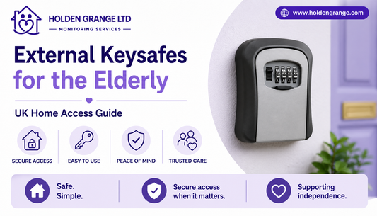 Banner reading External Keysafes for the Elderly, four-dial key safe mounted on a wall beside a lilac front door