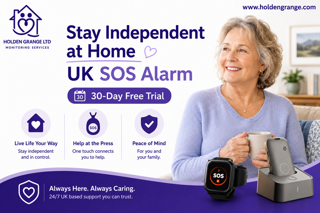 Banner reading Stay Independent at Home UK SOS Alarm, smiling older woman holding a mug beside SOS watch and pendant
