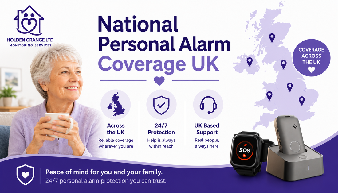 Banner reading National Personal Alarm Coverage UK, smiling older woman beside a UK map dotted with location pins