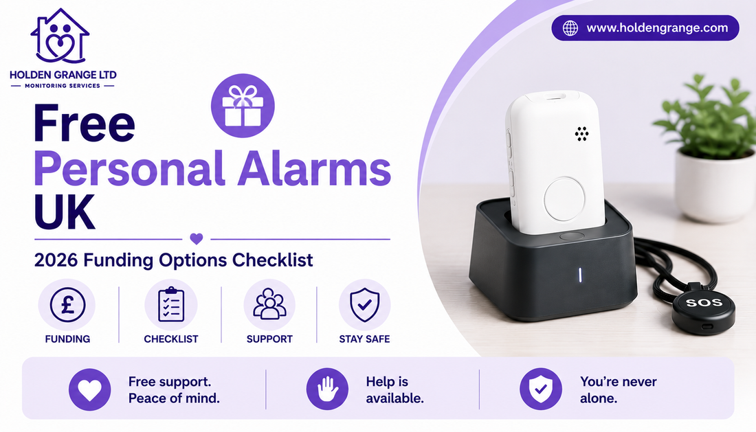Banner reading Free Personal Alarms UK 2026 Funding Options Checklist, gift and pound sign icons, white pendant alarm charging