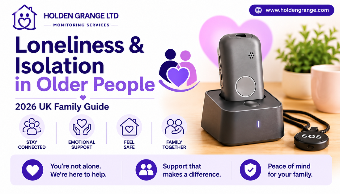 Banner reading Loneliness and Isolation in Older People, icon of two figures hugging a heart, pendant alarm charging