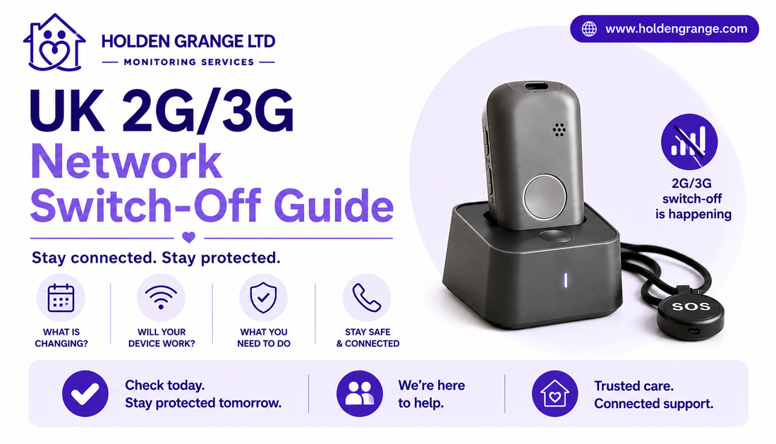 Title card reading UK 2G/3G Network Switch-Off Guide beside a mobile alarm in its charging cradle and SOS pendant