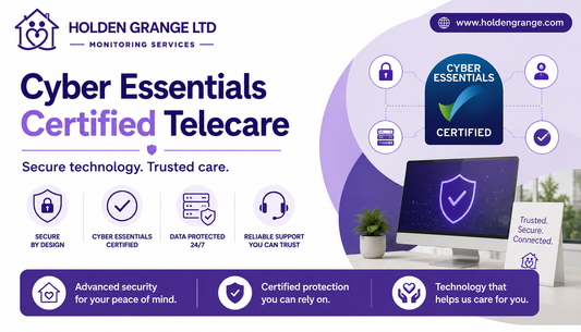 Title card reading Cyber Essentials Certified Telecare with the certification badge and a monitor showing a shield tick