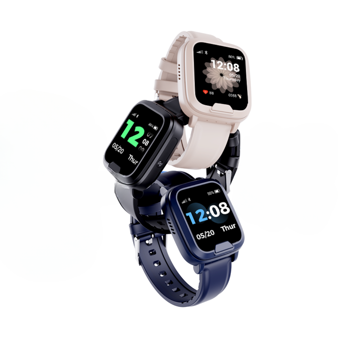 Three smartwatches with different colored bands on a white background
