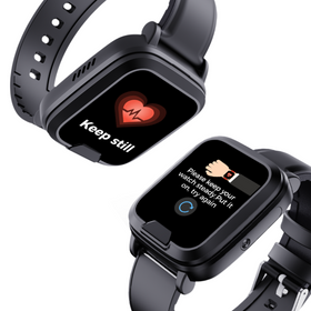 Black smartwatch with heart rate monitor on a white background