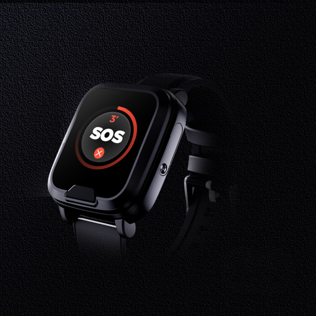 Black smartwatch with SOS button on a black background