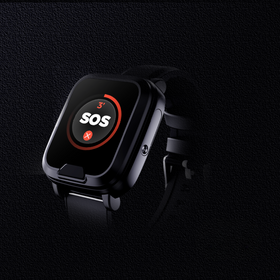 Black smartwatch with SOS button on a black background